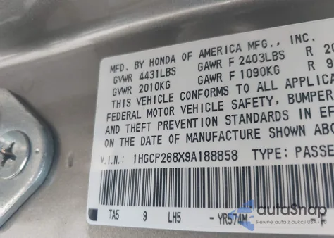 2009 Honda Accord 2.4 Ex-L из США, поврежденный, VIN 1HGCP268X9A188858